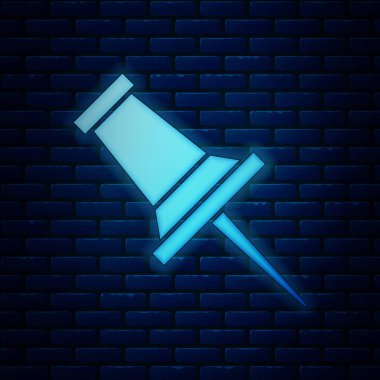 Parlak neon itme PIN simgesi tuğla duvar arka plan üzerinde izole. Raptiye işareti. Vektör çizim