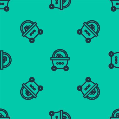 Bitcoin ikonlu mavi çizgi alışveriş sepeti yeşil arka planda izole edilmiş pürüzsüz desen. Engelleme teknolojisi, kripto para birimi madenciliği, dijital para piyasası. Vektör İllüstrasyonu
