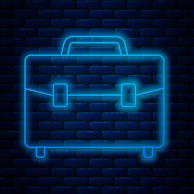 Parlayan neon hattı evrak çantası simgesi tuğla duvar arka planında izole edildi. İş ilanı. İş portföyü. Vektör İllüstrasyonu
