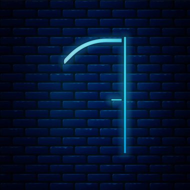 Parlayan neon Scythe simgesi tuğla duvar arka planında izole edilmiş. Vektör İllüstrasyonu