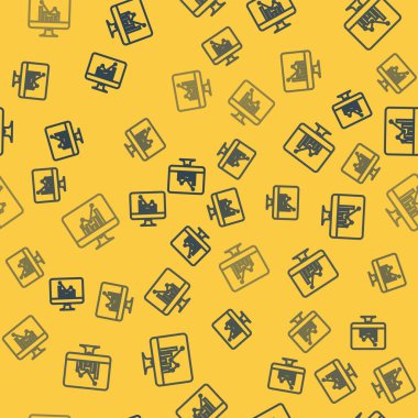 Grafik çizelgesi simgesi olan mavi çizgi bilgisayar monitörü sarı arkaplanda izole edilmiş pürüzsüz desen. Metin dosya simgesini rapor et. Muhasebe tabelası. Denetim, analiz, planlama. Vektör İllüstrasyonu