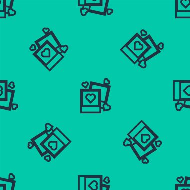 Mavi çizgi İki boş fotoğraf çerçevesi ve kupa simgesi yeşil arka planda izole edilmiş kusursuz desen. Sevgililer Günü sembolü. Vektör İllüstrasyonu