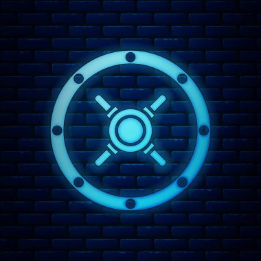 Parlayan neon kasa simgesi tuğla duvar arka planında izole edildi. Kapı, şifreli bir banka kasası. Güvenilir Veri Koruma. Vektör İllüstrasyonu