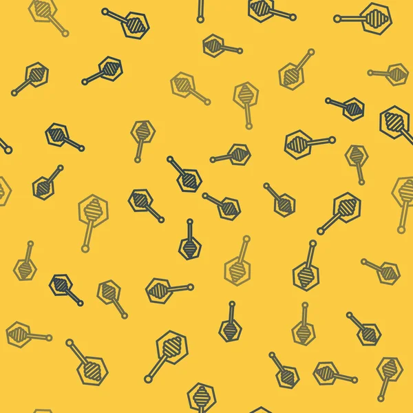 Linha azul Mel dipper vara ícone isolado padrão sem costura no fundo amarelo. Concha de mel. Ilustração vetorial —  Vetores de Stock