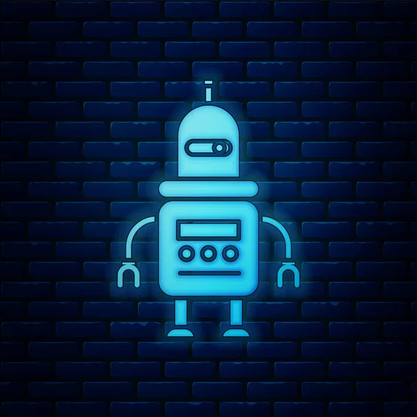 Icono brillante robot de neón aislado en el fondo de la pared de ladrillo. Ilustración vectorial — Vector de stock