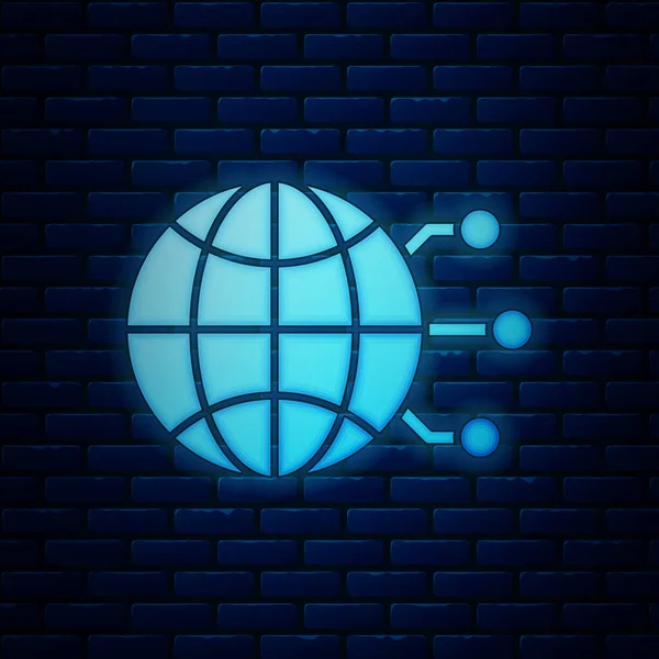 Leuchtende Neon Globale Technologie oder soziales Netzwerk Ikone isoliert auf Backsteinmauer Hintergrund. Vektorillustration — Stockvektor