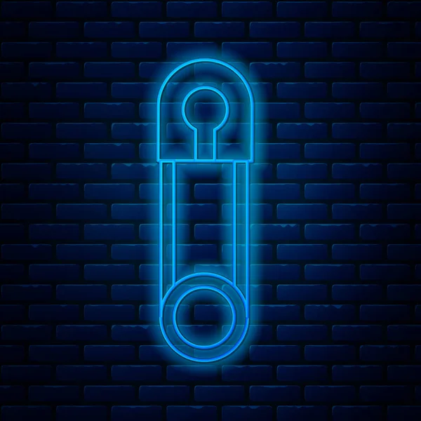 Leuchtende Neon Line Klassisch geschlossene Sicherheitsnadel aus Stahl isoliert auf Backsteinwand Hintergrund. Vektorillustration — Stockvektor