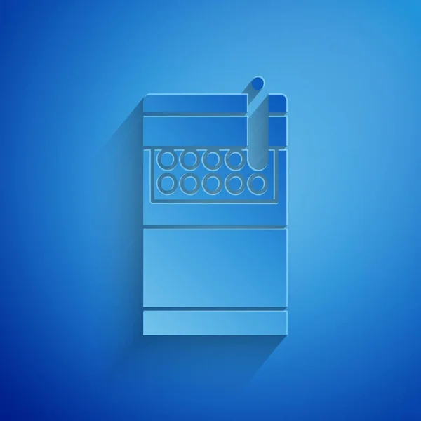 Corte de papel Abre el icono de la caja de cigarrillos aislado sobre fondo azul. Un paquete de cigarrillos. Estilo de arte de papel. Ilustración vectorial — Archivo Imágenes Vectoriales