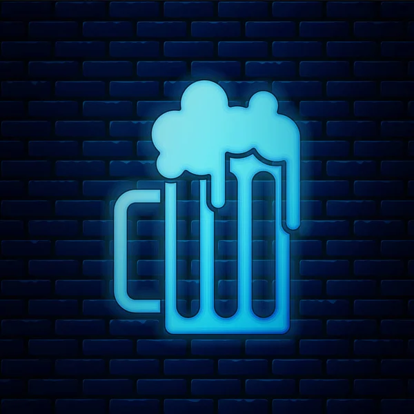 Świecące Neon drewniany kubek piwo ikona na białym tle na tle muru ceglanego. Ilustracja wektorowa — Wektor stockowy