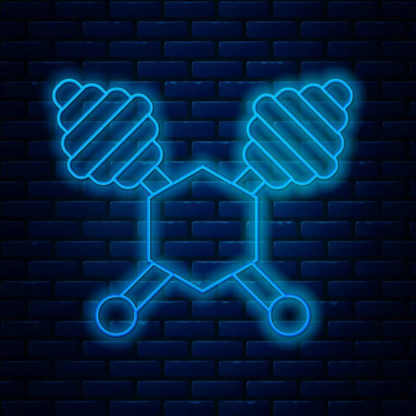 Leuchtende Neon-Linie Honig Löffelstiel Symbol isoliert auf Backsteinwand Hintergrund. Honiglöffel. Vektorillustration — Stockvektor