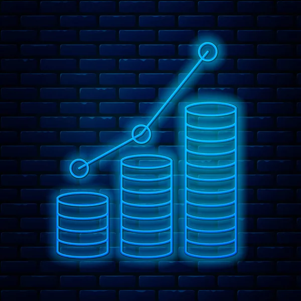 Świecące neon linii Pie wykres infografiki i ikona monety izolowane na tle cegły ściany. Znak diagramu. Ilustracja wektora — Wektor stockowy