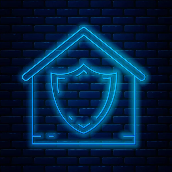 Zářící neonová čára Dům pod ochranou ikona izolované na pozadí cihlové zdi. Ochrana, bezpečnost, ochrana, obrana, obrana. Vektorová ilustrace — Stockový vektor