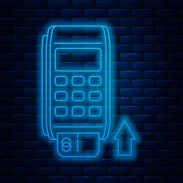 Linha de néon brilhante terminal Pos com ícone de cartão de crédito inserido isolado no fundo da parede de tijolo. Transação do terminal de pagamento. Pagar com cartão. Ilustração vetorial — Vetor de Stock