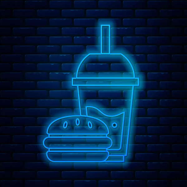 Ragyogó neon vonal Papírüveg ivószállal és hamburger ikonnal elszigetelve téglafalon. Üdítőital tábla. Hamburger, sajtburger szendvics. Vektorillusztráció — Stock Vector