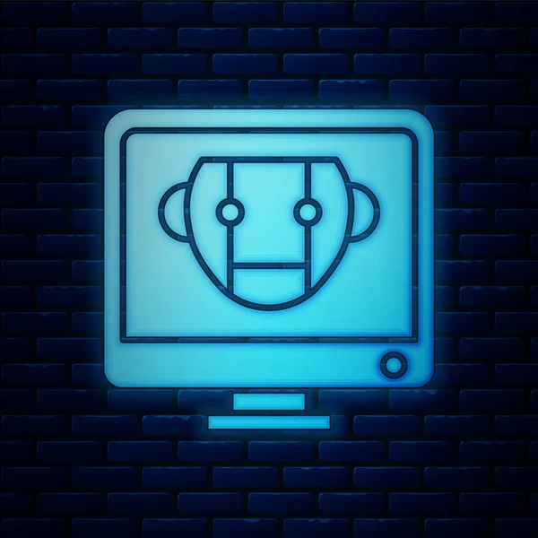 Brillante icono de neón Bot aislado en el fondo de la pared de ladrillo. Monitor de ordenador e icono del robot. Ilustración vectorial — Archivo Imágenes Vectoriales