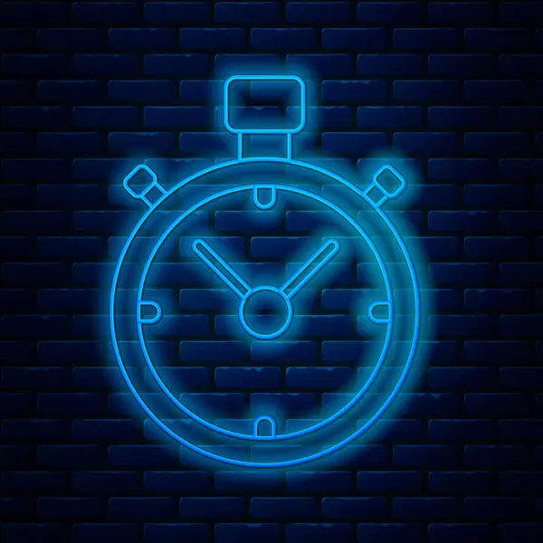 Świecąca neon linia ikona Stopwatch izolowane na tle cegły ściany. Znak czasowy. Znak chronometryczny. Ilustracja wektora — Wektor stockowy
