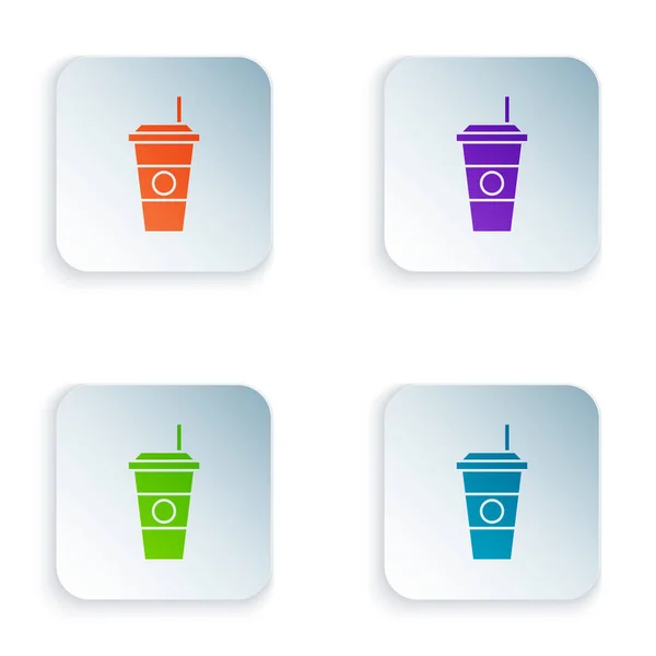 Cor ícone xícara de café isolado no fundo branco. Copo de café descartável com café quente. Definir ícones em botões quadrados coloridos. Ilustração vetorial —  Vetores de Stock