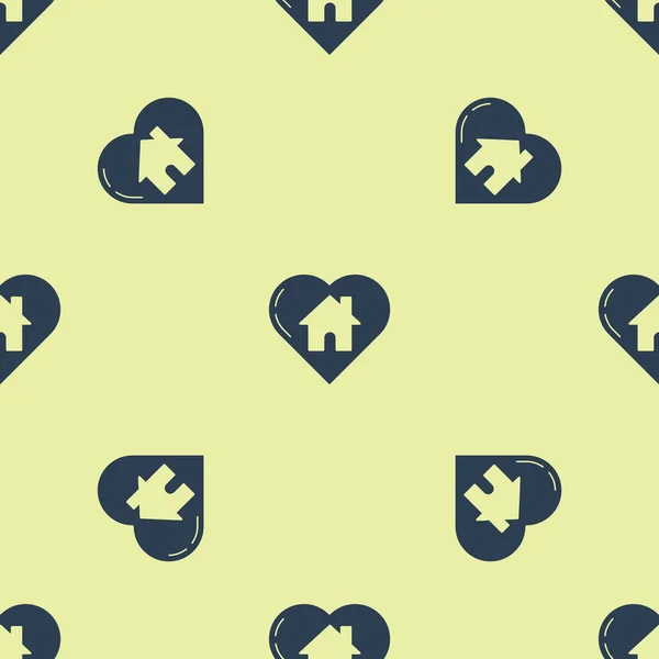 Blaues Haus mit Herz-Form-Symbol isoliert nahtlose Muster auf gelbem Hintergrund. Liebe zu Hause Symbol. Familie, Immobilien und Immobilien. Vektorillustration — Stockvektor