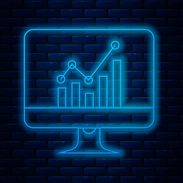 Świecąca linia neonów Monitor komputerowy z ikoną wykresu odizolowany na tle cegły ściany. Zgłoś ikonę pliku tekstowego. Znak księgowości. Audyt, analiza, planowanie. Ilustracja wektora — Wektor stockowy