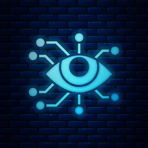 Icono de escaneo ocular de neón brillante aislado en el fondo de la pared de ladrillo. Ojo escáner. Comprobación de seguridad. Signo cibernético. Ilustración vectorial — Archivo Imágenes Vectoriales