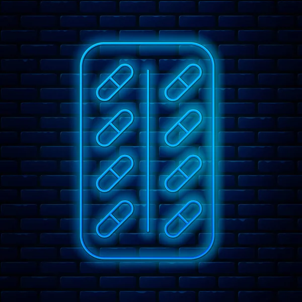 Glödande neon line piller i blisterförpackning ikon isolerad på tegelvägg bakgrund. Läkemedelspaket för tablett: vitamin, antibiotika, acetylsalicylsyra. Vektor Illustration — Stock vektor