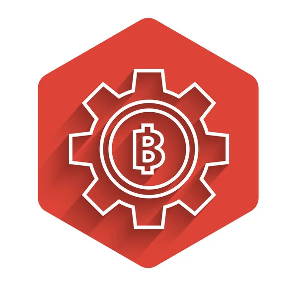 Línea blanca Criptomoneda moneda Bitcoin icono aislado con sombra larga. Ajuste de engranajes y Bitcoin. Blockchain basado en criptomoneda segura. Botón de hexágono rojo. Ilustración vectorial — Vector de stock