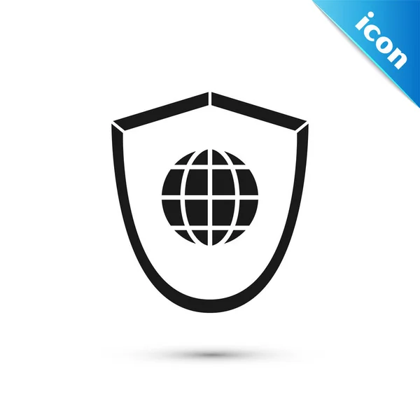 Schwarzes Schild mit Weltkugelsymbol isoliert auf weißem Hintergrund. Sicherheit, Sicherheit, Schutz, Privatsphäre. Vektorillustration — Stockvektor