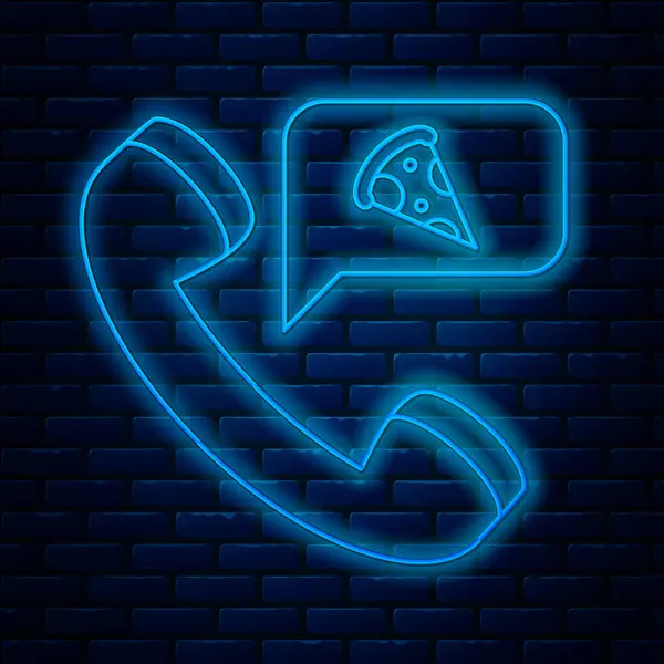 Glödande neon line Mat beställa pizza ikon isolerad på tegelvägg bakgrund. Beställ via mobiltelefon. Koncept för leverans av restaurangmat. Vektor Illustration — Stock vektor