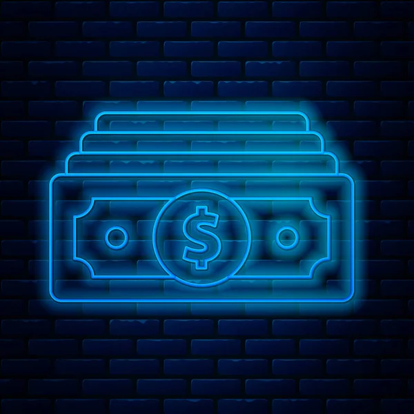 Glowing neon line Stacks paper money cash icon isolated on brick wall background. Money banknotes stacks. Bill currency. Vector Illustration — Stock Vector
