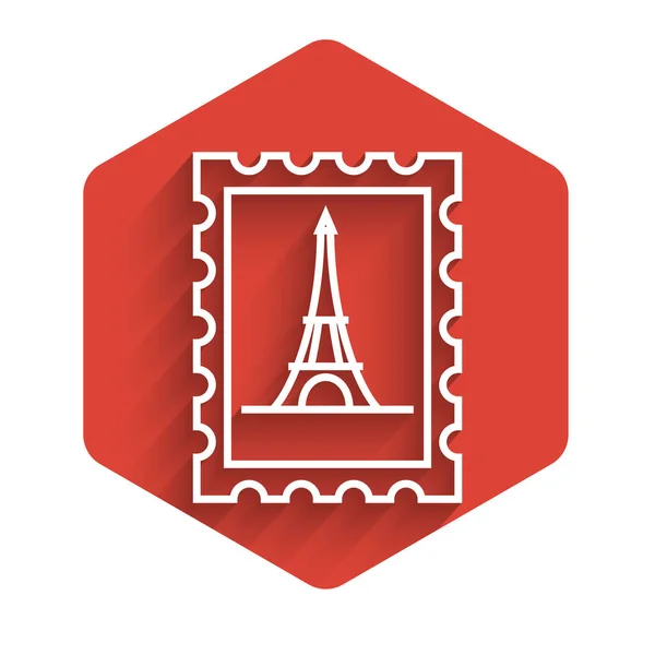 Linha branca Carimbo postal e ícone Torre Eiffel isolado com sombra longa. Botão hexágono vermelho. Ilustração vetorial — Vetor de Stock