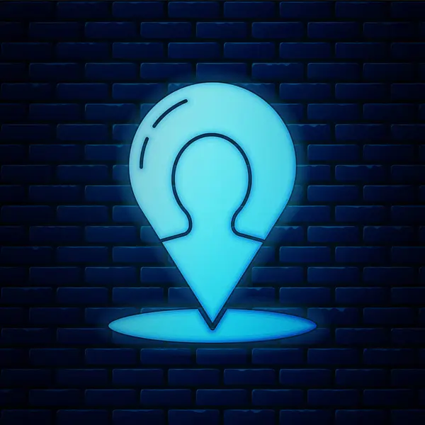 Gloeiende neon Kaart marker met een silhouet van een persoon pictogram geïsoleerd op baksteen muur achtergrond. GPS locatiesymbool. Vector Illustratie — Stockvector