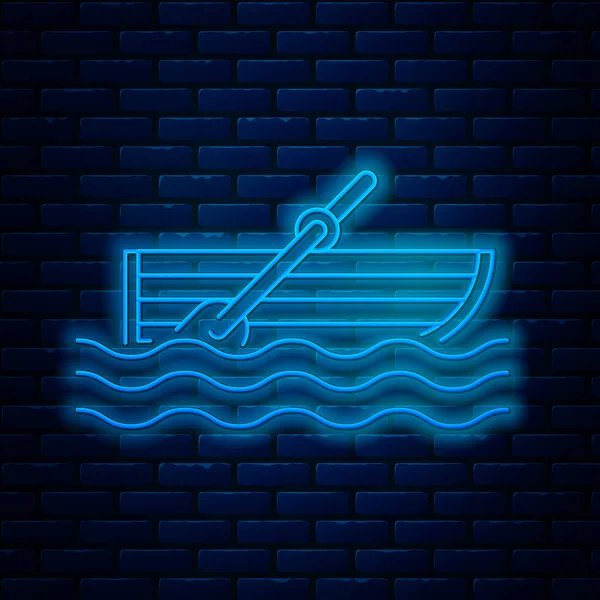 Ragyogó neon vonal Horgászhajó evezőkkel a víz ikon elszigetelt téglafal háttér. Vektorillusztráció — Stock Vector