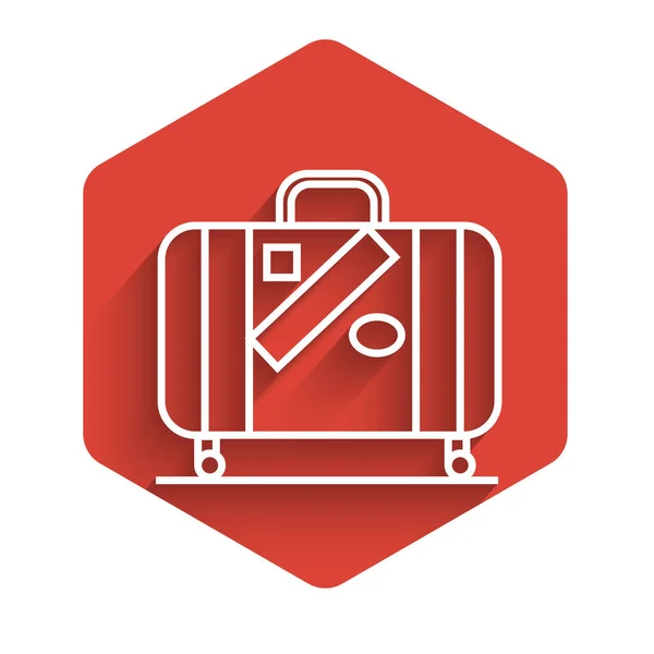 Ligne blanche Valise pour voyage et autocollants icône isolée avec ombre longue. Panneau des bagages de voyage. Icône bagages de voyage. Bouton hexagonal rouge. Illustration vectorielle — Image vectorielle