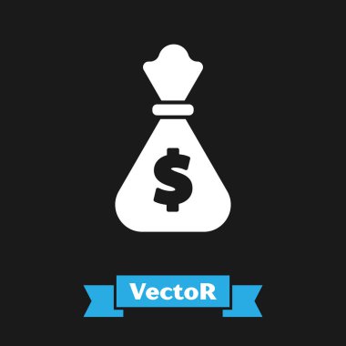 Beyaz Para çanta simgesi siyah arka plan üzerinde izole. Dolar veya Usd sembolü. Nakit Bankacılık para birimi işareti. Vektör İllüstrasyonu