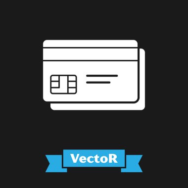 Siyah arkaplanda beyaz kredi kartı simgesi izole edildi. Çevrimiçi ödeme. Nakit çekilmesi. Finansal operasyonlar. Alışveriş tabelası. Vektör İllüstrasyonu