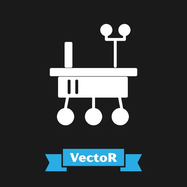 Символ марсохода белый изолирован на черном фоне. Космический марсоход. Знак лунного ходунка. Аппарат для изучения поверхности планет. Векторная миграция — стоковый вектор