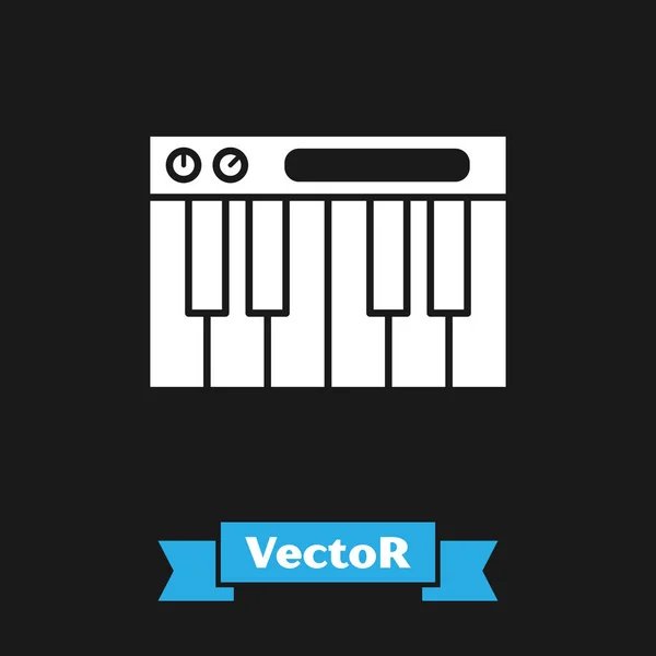 ไอคอนเครื่องสังเคราะห์เพลงสีขาวถูกแยกจากพื้นหลังสีดํา เปียโนอิเล็กทรอนิกส์ ภาพวาดเวกเตอร์ — ภาพเวกเตอร์สต็อก