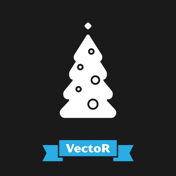 黒の背景に隔離された装飾アイコンを持つ白いクリスマスツリー。メリークリスマスとハッピーニューイヤー。ベクターイラスト — ストックベクタ