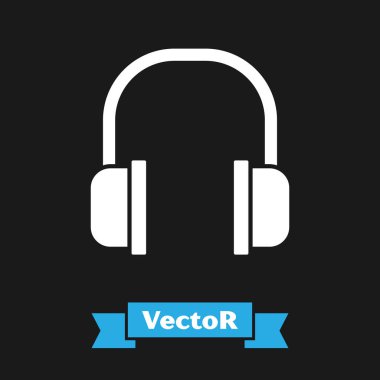 Siyah arkaplanda beyaz kulaklık simgesi var. Kulaklık işareti. Müzik, hizmet, iletişim ve operatör konsepti. Vektör İllüstrasyonu