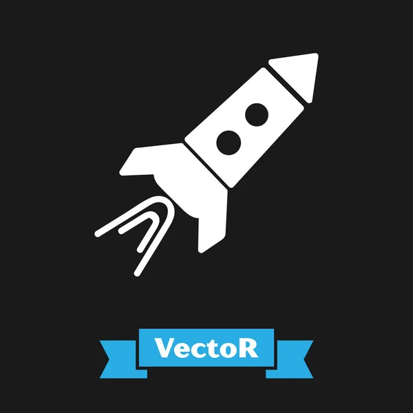 Weißes Raketenschiff mit Feuer-Symbol isoliert auf schwarzem Hintergrund. Raumfahrt. Vektorillustration — Stockvektor