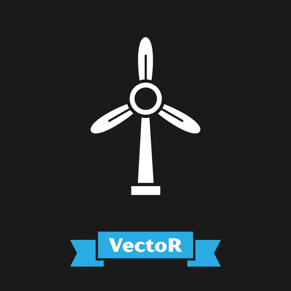 Ícone de turbina eólica branca isolado no fundo preto. Sinal do gerador de vento. Moinho de vento para produção de energia elétrica. Ilustração vetorial — Vetor de Stock