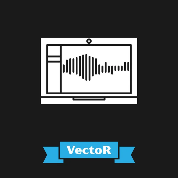 Weißer Ton oder Audio-Recorder oder Editor-Software auf Laptop-Symbol auf schwarzem Hintergrund isoliert. Vektorillustration — Stockvektor