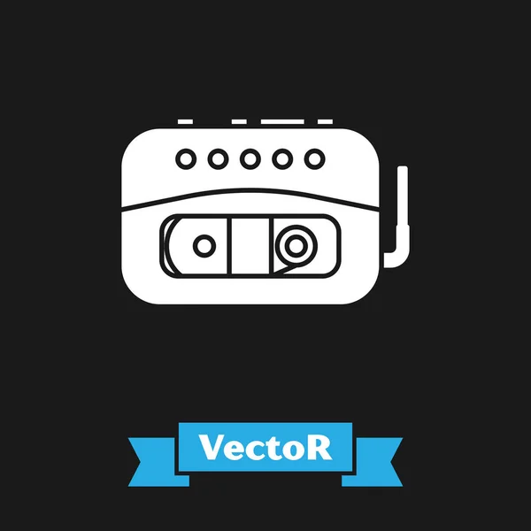 Icono del reproductor de cinta de música blanca aislado sobre fondo negro. Dispositivo de música portátil. Ilustración vectorial — Vector de stock