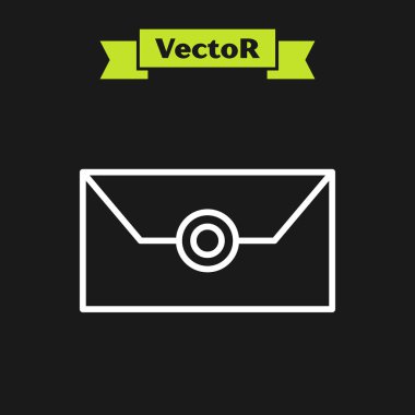 Beyaz çizgi Zarfı 'nda siyah arkaplanda izole edilmiş noel partisi davetiye kartı simgesi var. Mutlu Noeller ve mutlu yıllar. Vektör İllüstrasyonu