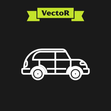 Beyaz çizgi Hatchback araba simgesi siyah arkaplanda izole edildi. Vektör İllüstrasyonu