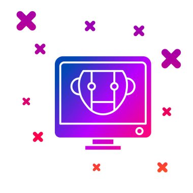 Renkli Bot simgesi beyaz arkaplanda izole edildi. Bilgisayar monitörü ve robot simgesi. Kademeli rastgele dinamik şekiller. Vektör İllüstrasyonu