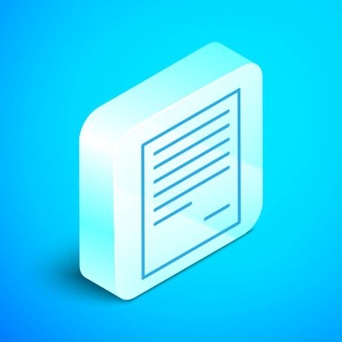 İzometrik çizgi Mavi arka planda yalıtılmış belge simgesi. Dosya simgesi. Denetim listesi simgesi. İş konsepti. Gümüş kare düğme. Vektör İllüstrasyonu