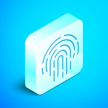 Isometric çizgi parmak izi simgesi mavi arkaplanda izole edildi. Kimlik uygulama simgesi. Kimlik işareti. Kimliğe dokun. Gümüş kare düğme. Vektör İllüstrasyonu