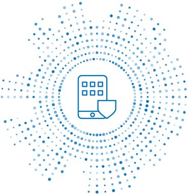 Beyaz zemin üzerinde kalkan simgesi olan mavi hat cep telefonu. Akıllı telefon sigortası. Güvenlik, güvenlik, koruma, konsept koruma. Soyut çember rastgele noktalar. Vektör İllüstrasyonu