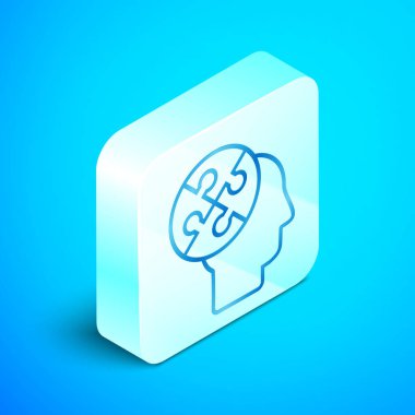 Isometric line Human Head puzzle strateji simgesi mavi arka planda izole edildi. Beyin işaretini düşünüyorum. Beynin sembol çalışması. Gümüş kare düğme. Vektör İllüstrasyonu